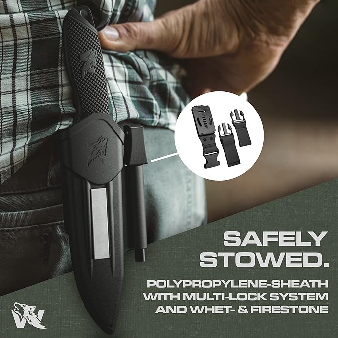 WOLF-III Full Tang Survival Knife with Fire Starter and Sheath - Stylish Tactical Fixed Blade - Made of D2 Steel - Bushcraft and Camping Knife - With Belt Loop, Plug Lock & Multi Lok