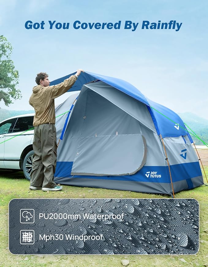 JOYTUTUS SUV Tent for Camping with Rainfly, Double Door Design Car Tent with Aluminum Poles, SUV Tailgate Tent with Waterproof PU2000mm Double Layer for 4-8 Person, Blue