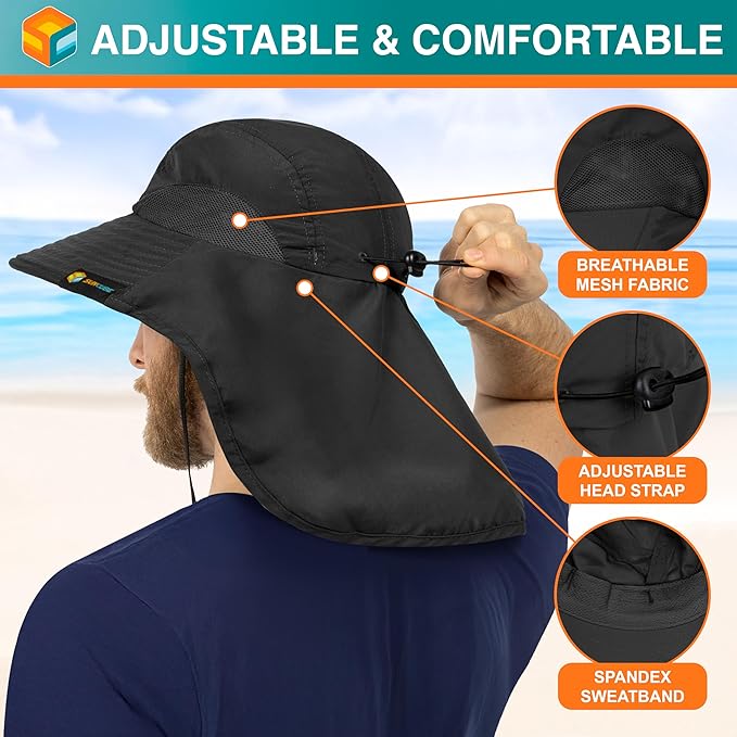 SUN CUBE Wide Brim Sun Hat with Neck Flap, UPF50+ Hiking Safari Fishing Hat for Men Women, Sun Protection Beach Hat