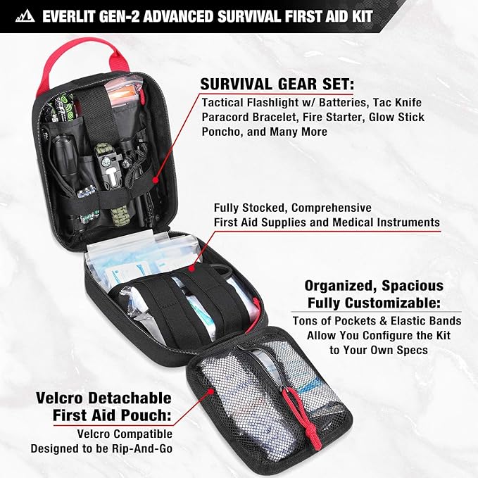 Everlit Survival Upgraded Survival First Aid Kit Emergency Gear Trauma Kit with 1000D Nylon Laser Cut Tactical EMT Pouch for Outdoor, Camping, Hunting, Hiking, Earthquake, Home, Office