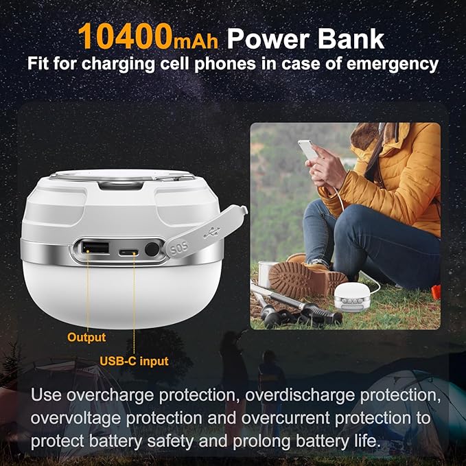 LED Camping Lantern Rechargeable 1400LM, Up to 420H Running Time Camping Tent RGB Light, 10400mAh Emergency Hanging Light for Hurricane, Power Outages, Home, Hiking, White