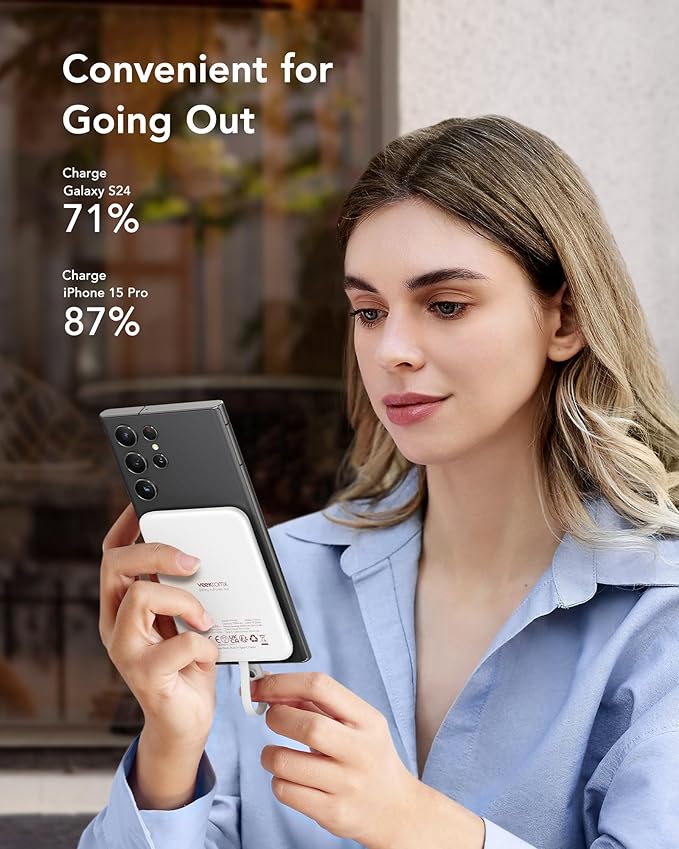 VEEKTOMX Power Bank 5000mAh with Cable Fast Charging, Magnetic Portable Battery Pack for iPhone, White