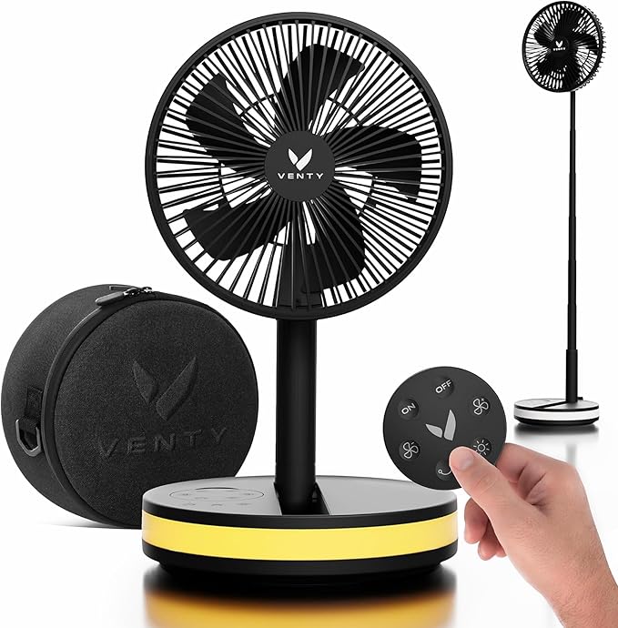 VENTY Portable Fan - Wireless Battery Operated Fan - 4 Speeds - LED Lighting - Carry Case & Remote Control - Cruise Travel - Outdoor Travel RV Power Bank With USB-C Port (Black with Case)