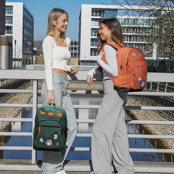 Swissdigital Design Big Student Laptop Backpack with Fun Personalized Patches For College Boy & Girl, Middle High School Teen Bookbag Cool Travel Daypack Orange - Includes 3 Patches | SD1718-33