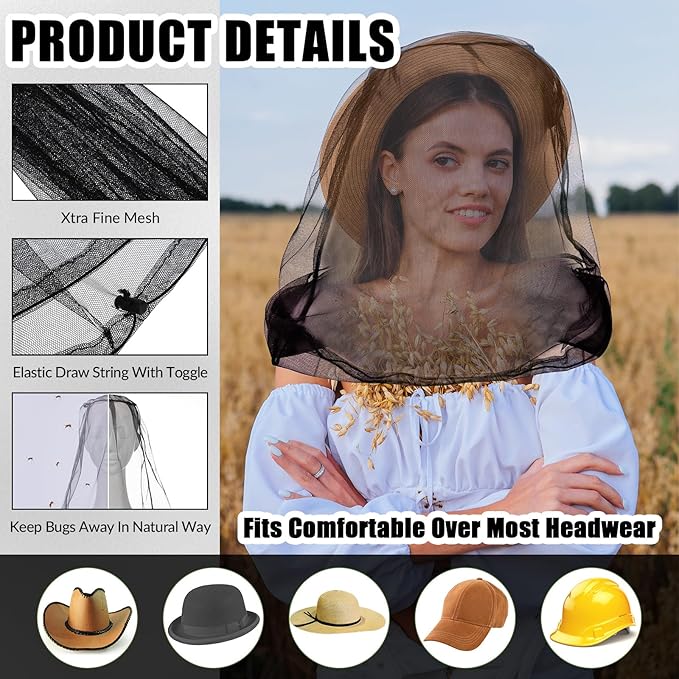 HESTYA 4 Pack Mosquito Bug Net Mesh for Head Mosquito Head Net Face Neck Fly Netting Hood from Insect Bugs Gnats for Outdoor