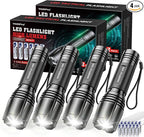 WdtPro LED Flashlight High Lumens SR2000 Pro, 4 Pack Brighter Tactical Flashlights with 5 Modes & Zoomable, Powerful Mini Flash Light for Emergency, Camping, Hiking (Black)
