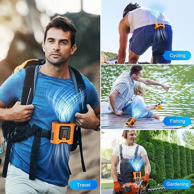 PANERGY Portable Waist Fan, 67H Runtime Wearable Fan with 4+1 Speeds, Storm Mode, 14500mAh Rechargeable Belt Fan with Dual Clip, Flashlight for Outdoor Jobsite(Orange)