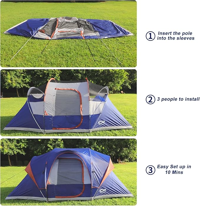 CAMPROS CP Camping Tent 10 Person Family Cabin Tent, 2 Room Water Resistant Waterproof Tent with Top Rainfly, 4 Large Mesh Windows, Double Layer, Easy Set Up, Portable with Carry Bag, 16ft x 9ft x72in