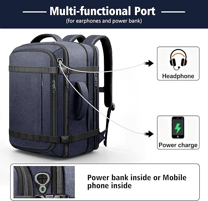 Flight Approved Travel Backpack with LifetimeWarranty,Expandable Carry on Backpack 40-50L with Cable Access Port,Fits 17.3"Laptop,Flight TSA friendly,Anti Theft Laptop Backpack Travel,Commuting,Blue