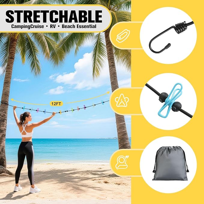 Clothesline Camping Essentials, Elastic Travel Clothes Line Camping Gear for Outdoor Glamping, Cruise and RV Must Haves, 4 Count