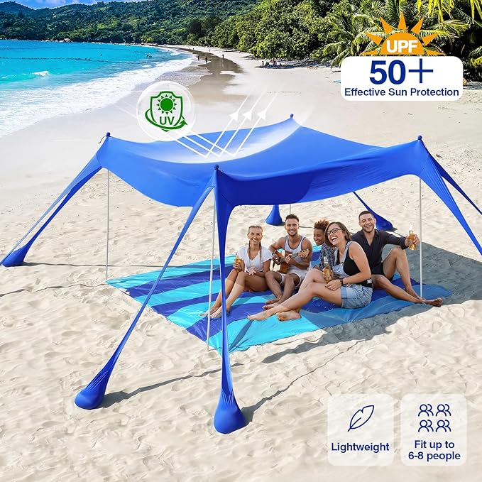 Rhino Valley Beach Tent Shade Canopy UPF50+ Protection, 8 Sandbags, 4 Stability Poles, Outdoor Sun Shelter Umbrella for Sand, Camping, Fishing Essentials