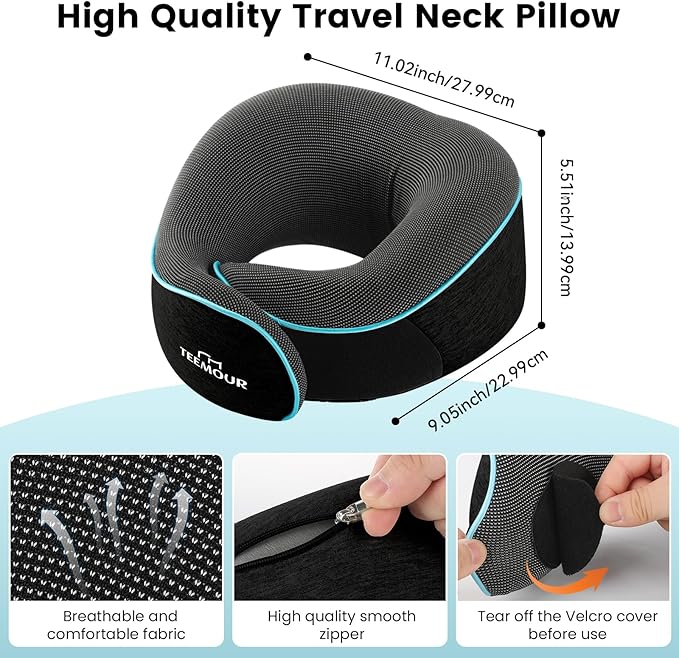 Upgraded Neck Pillow for Airplane Travel - 360° Support Stops Head Bobbing, Memory Foam Travel Pillow With Eye Mask & Earplugs, Portable Carry Bag for Long Flights/Car| Best Airplane Accessories Black