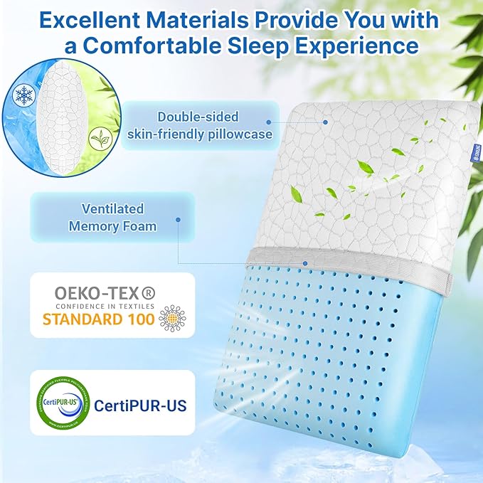 Cooling Memory Foam Pillows,Cooling Bed Pillow, Bed Pillow for Side,Back and Stomach Sleepers,Neck Pillow for Sleeping with Removable and Machine Washable Cover, Standard Size (2 Pack)