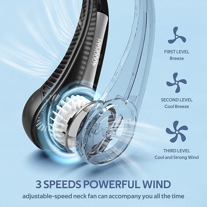 Portable Neck Fan, Hands Free Bladeless, 360° Cooling Personal Fan,Wearable Quiet Fan for Outdoor Indoor, Birthday Gifts for Men Women Mom Dad, 4000mAh Battery USB Rechargeable, 3-Speeds(Black)