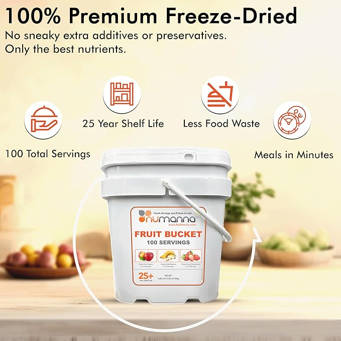 Numanna Freeze-Dried 3 Fruit Bucket – 300 Servings | Apples, Bananas, Strawberries | Healthy Snack for Everyday, Emergency & Survival Use | Durable Packaging | 25+ Year Shelf Life | Made in USA