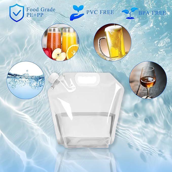 4 Pack Collapsible Water Jugs, 1.3/2.6 Gallon - Freezable, BPA Free Clear Plastic Water Bag with Handle for Outdoor, Camping, Emergency, Hiking - Leakproof Collapsible Water Container Bags(4 x 10L)