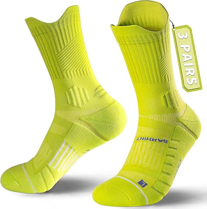 Compression Running Socks 3 Pairs, Cushion Crew Socks, Anti-Blister Moisture Wicking Athletic Hiking Basketball Socks