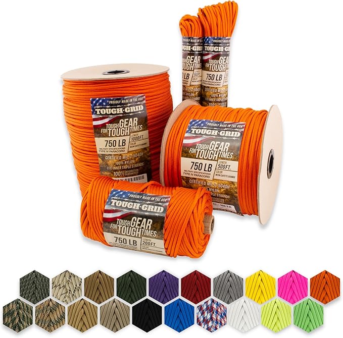 TOUGH-GRID Paracord Rope 750 lbs Nylon Parachute Cord, Made in USA Survival Kit, Outdoor Adventures, Camping, Tactical Gear & Emergency Supplies, Military Type IV Mil-Spec
