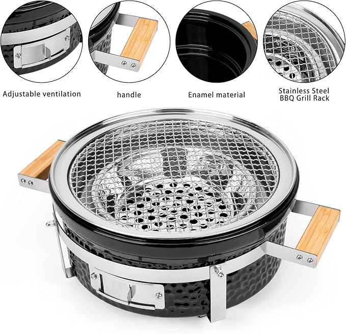 Onlyfire Ceramic Hibachi Charcoal Grill with Grid Lifter, 14" Portable BBQ Yakitori Grill with Stainless Steel Grate for Outdoor Patio Backyard Barbecue Cooking, GS305