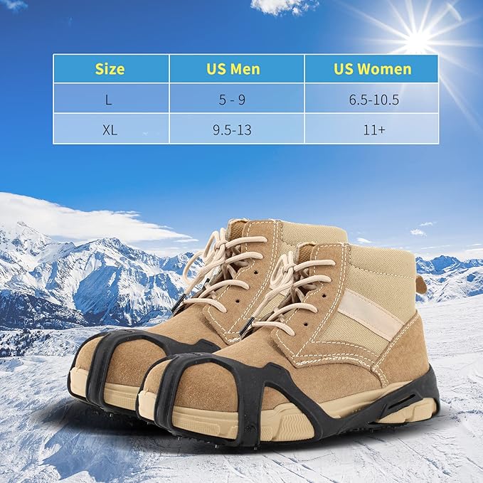 Non-Slip Ice Cleats Snow Grips, Strong Traction Crampons 11 Steel Studs, for Shoes and Boots, Snow Ice Walking