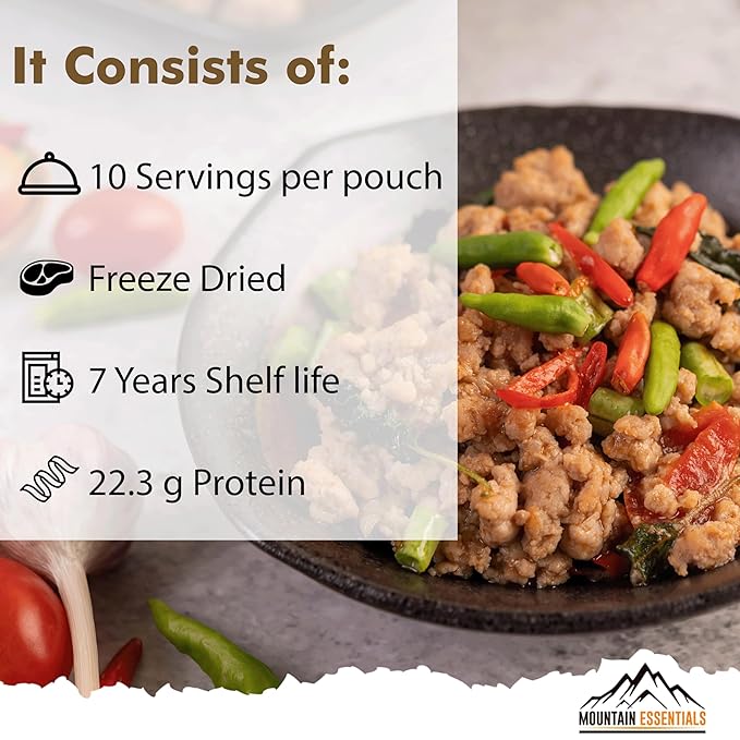 MOUNTAIN ESSENTIALS Freeze-Dried Pork Sausage Crumble – Fully Cooked & Ready to Eat | Traditional Flavor | Premium Quality Everyday Meals, Camping & Emergency Survival Food | 10 Servings | Made in USA | 7-Year Shelf Life