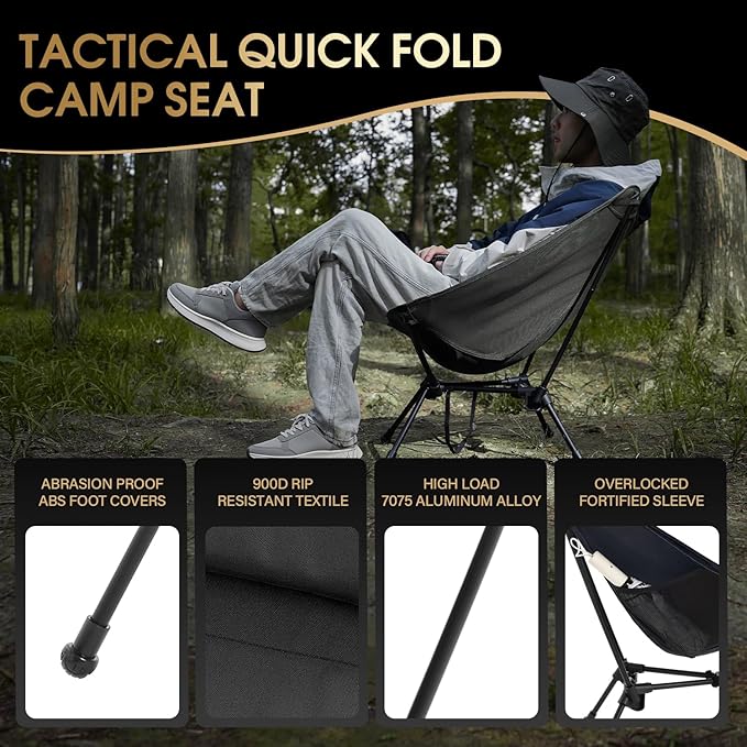 MOON LENCE Portable Snap-Lock Camping Chair, Folding Compact Chair, Lightweight Foldable Backpacking Support 330 lbs (Black)