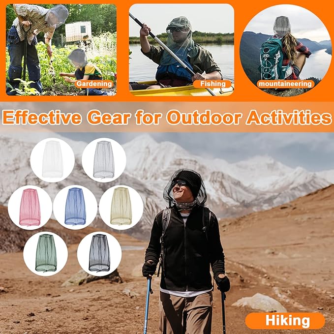 Benvo Mosquito Head Net Mesh, Face Neck Fly Netting Hood from Bugs Gnats Noseeums Screen Net for Any Outdoor Lover- with Carry Bags Fits Most Sizes of Hats Caps (2pcs, Black and Grey, Updated Big Net)