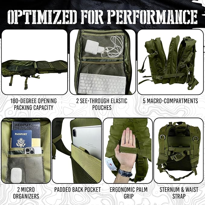AMERICANPHOENIX 45L Elite Tactical Backpack | 3X Stronger Work & Military Backpack | Water Resistant and Heavy Duty | 3 Day MOLLE Bug Out Bag (Olive Green)