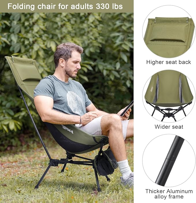 G4Free Folding Lightweight Camp Chair High Back Camping Chair Backpacking Chair Heavy Duty 330lbs with Headrest Pocket Green