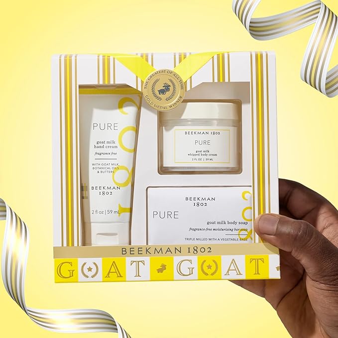 Beekman 1802 Pure 3-Piece Body Care Set – Goat Milk Skincare Gift Set with Bar Soap, Whipped Body Cream & Hydrating Hand Cream – Fragrance Free Travel Size Body Care Kit