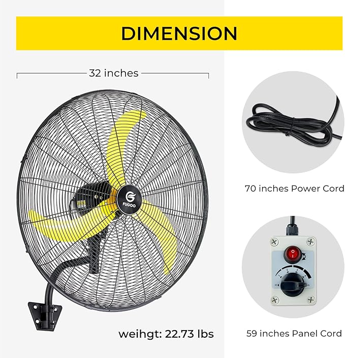 FUGOO 30'' Oscillating Wall Mount Fan With Brushless DC Motor, Large air flow range From 3200CFM to 8800CFM, 4-Speed Heavy Duty Industrial Wall Mount Fans for Factory, Commercial, Garage, Warehouse