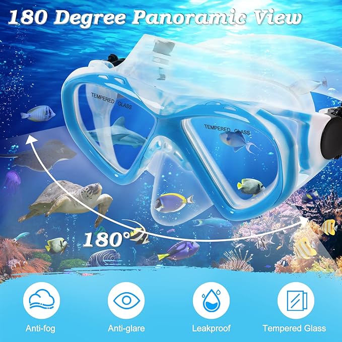 Kids Snorkel Set Dry Top Snorkeling Gear for Kids Youth Boys Girls Junior Age 5-15,Tempered Glass Swimming Diving Mask and Snorkel Set 180 Degree Panoramic View