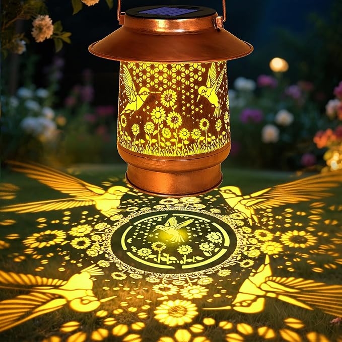 Hummingbird Solar Lanterns Outdoor Garden Decor, Sunflower Gifts for Women Mom Grandma Birthday Hanging Metal Solar Lights Waterproof Decoration for Garden Yard Lawn Patio