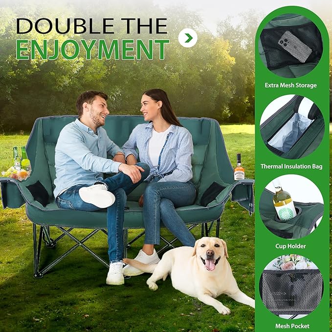 Nice C Double Padded Camping Chair, Oversized Loveseat Camping Chair, Outdoor Camping Couch for Adults, Lawn Chairs, Extra Padded, with Cup Holder, Cooler Bag, Bottle Opener (Green)