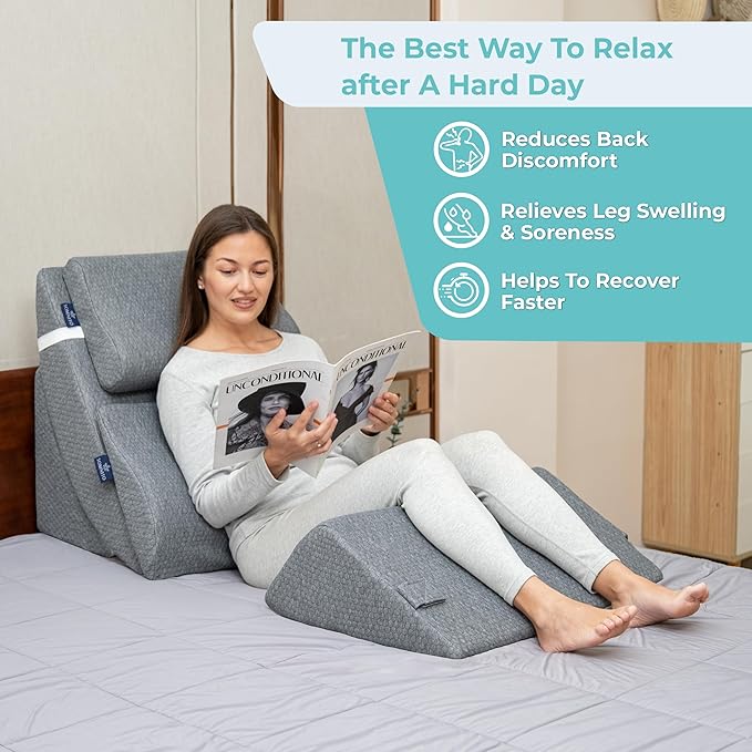 6pc Adjustable Orthopedic Wedge Pillow Set – Relieve Acid Reflux, Snoring, Back Pain & Post-Surgery Discomfort (Grey)