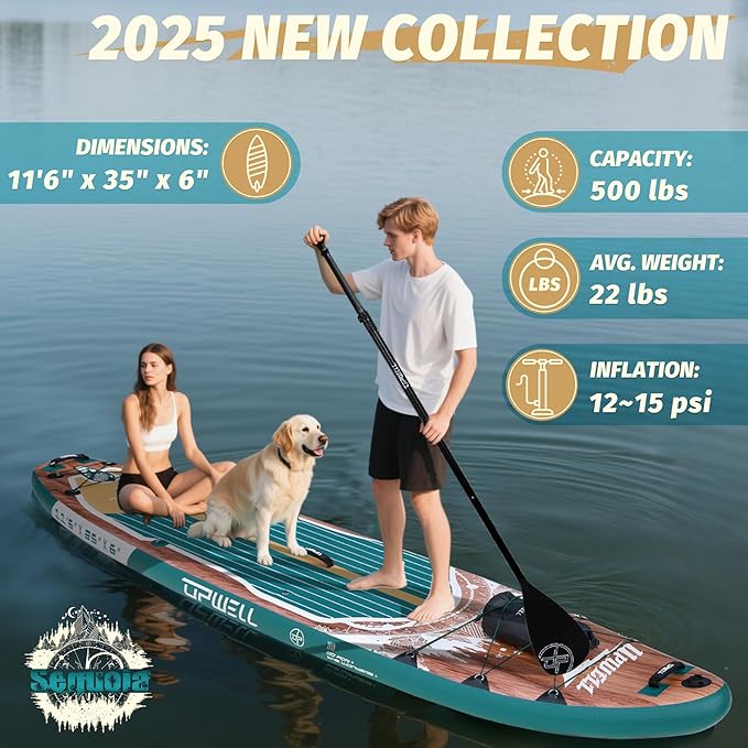 UPWELL 10'6"/11'/11'6" Inflatable Paddle Board, Stand Up Paddlboard for Youth & Adults, Stable Design, Premium SUP Accessories, Backpack, Leash, Hand Pump, Fins
