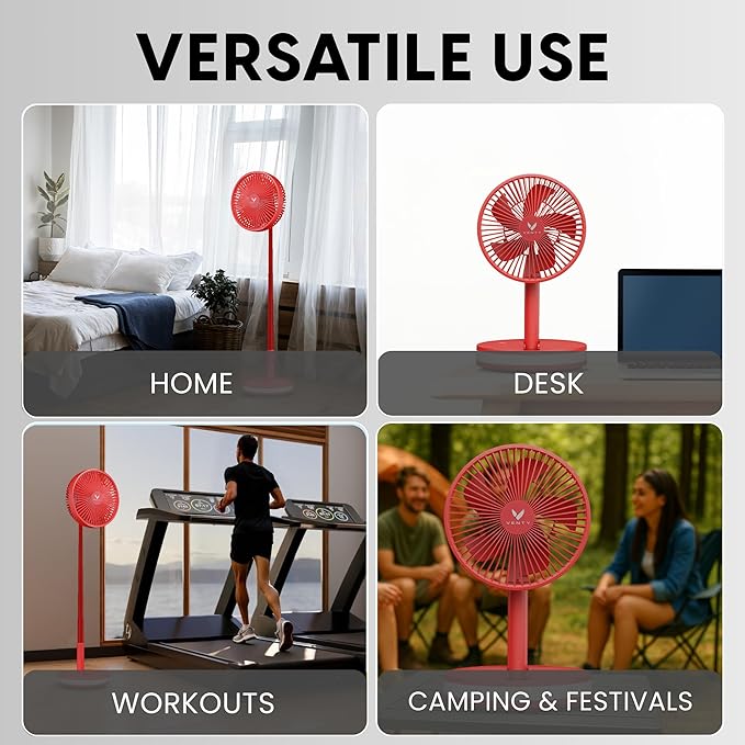VENTY Portable Fan - Wireless Battery Operated Fan - 4 Speeds - LED Lighting - Carry Case & Remote Control - Cruise Travel - Outdoor Travel RV Power Bank With USB-C Port (Red with Case)