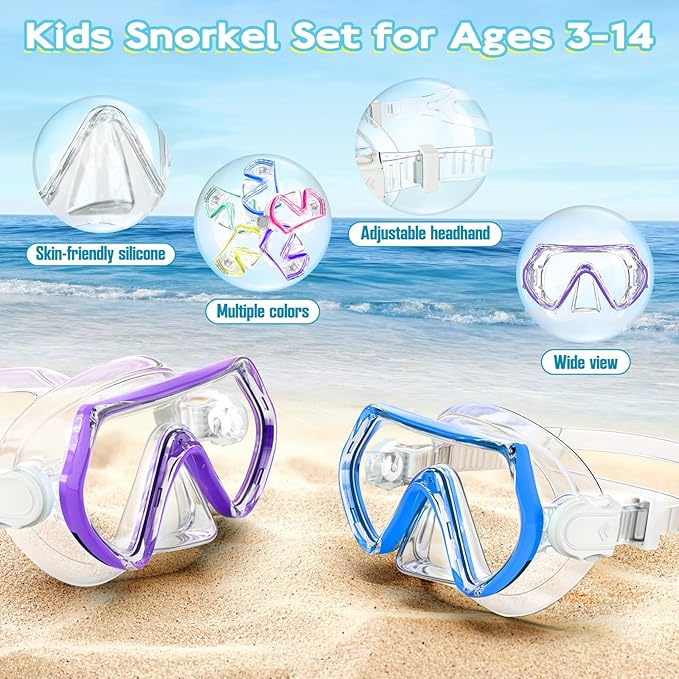 Snorkeling Gear for Kids, Kids Snorkel Set for Ages 3-14, Anti-Fog Diving Mask and Dry Top Snorkel Combo Set, Unisex Swimming Goggles