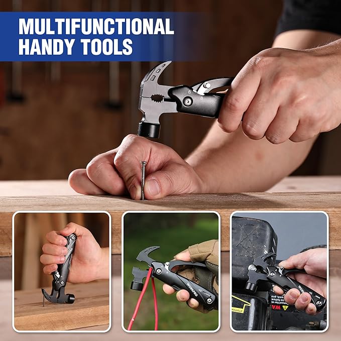 WORKPRO Multitool-12 in 1 Camping Tools with Mini Hammer-EDC Gear Multi Tools Hammer with Safety Lock and Pouch-Mini Multitools Gifts for Men and Women