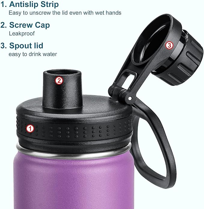 Koodee Insulated Water Bottle, 18 oz Stainless Steel Double Wall Vacuum Wide Mouth Sport Bottle with Leakproof Spout Lid (Purple)