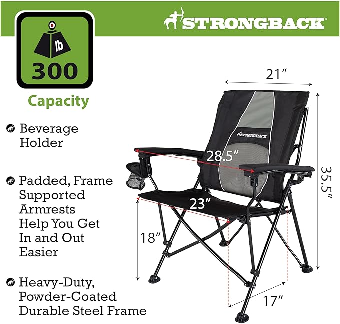 STRONGBACK Elite Folding Camping Lawn Lounge Chair Heavy Duty Camp Outdoor Seat with Lumbar Support and Portable Carry Bag - Black/Grey