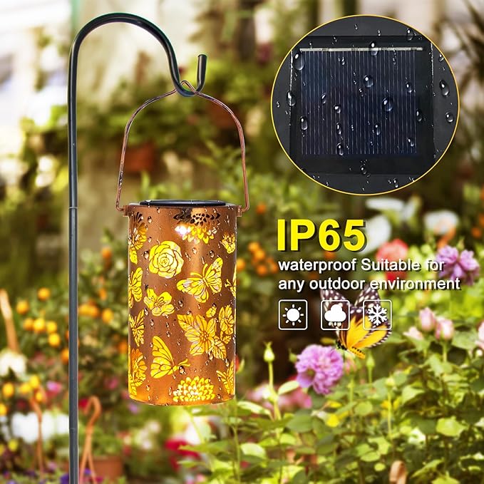 Solar Lanterns Outdoor Waterproof Butterfly Birthday Gifts for Women Mom Grandma Garden Decor Flower Metal Hanging LED Decorative Light for Patio Yard Lawn Backyard Front Porch Gardening Gifts