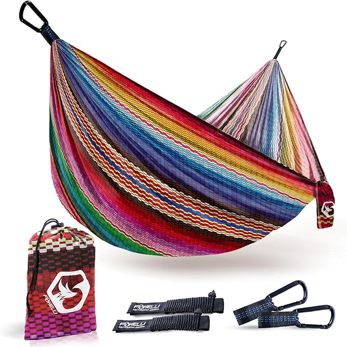 Foxelli Camping Hammock - Lightweight Portable Hammock, Easy Setup with Tree-Friendly Ropes & Steel Carabiners, Heavy Duty Parachute Nylon for Indoors and Outdoors