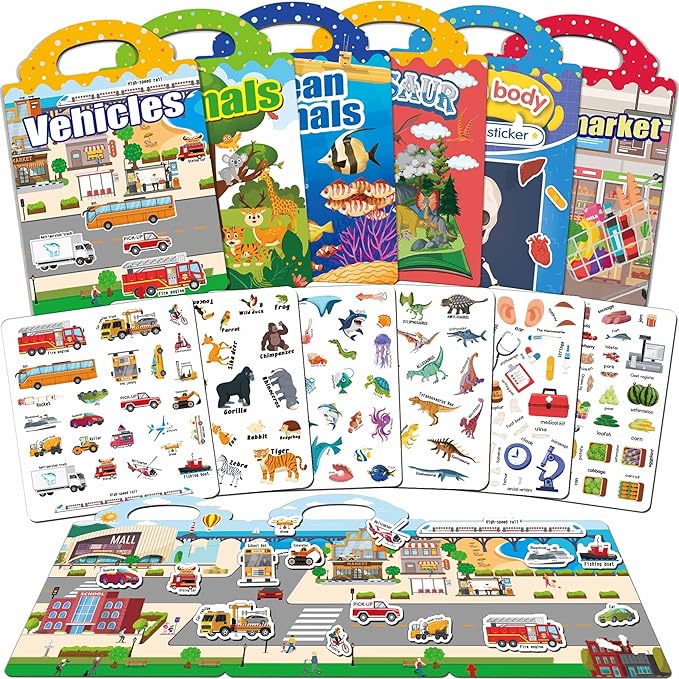 iGetooy 6 Sets Reusable Sticker Book for Toddlers 1-3, Jelly Sticker Books for Toddlers 2-4 Years, Toddler Travel Toys for Kids 2 3 4 Year Old Girls Boys