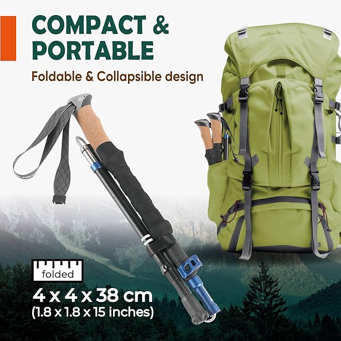 TREKOLOGY Trek-Z Cork Grip Trekking Poles – Lightweight Folding Hiking Poles, Adjustable Height, Compact Travel Design, Aircraft-Grade Aluminum Walking Sticks for Men & Women