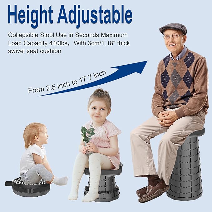 2025 Upgraded 45cm Collapsible Stool with Cushion, Maximum Loading 440 Pounds, Portable and Lightweight Adjustable Seat, Camping Retractable Stool for Outdoor Camping, Fishing, Hiking, BBQ