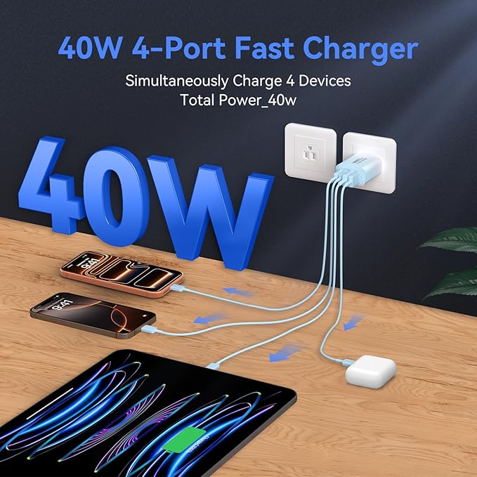 Duloch USB C Wall Fast Charger Block, 40W 4-Port Type C Chargers Fast Charging Blocks for Phone 17/16/15/14/13/12 Pro Max, Pad, Galaxy S24/23-2Pack Gradient Blue