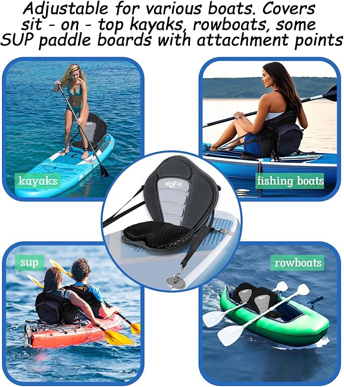 NEW-Vi Deluxe Kayak Seat with Gel Cushion & Storage Bag - Padded Ergonomic Backrest for Kayak, Canoe, SUP, Fishing Boat - Anti-Slip & Waterproof