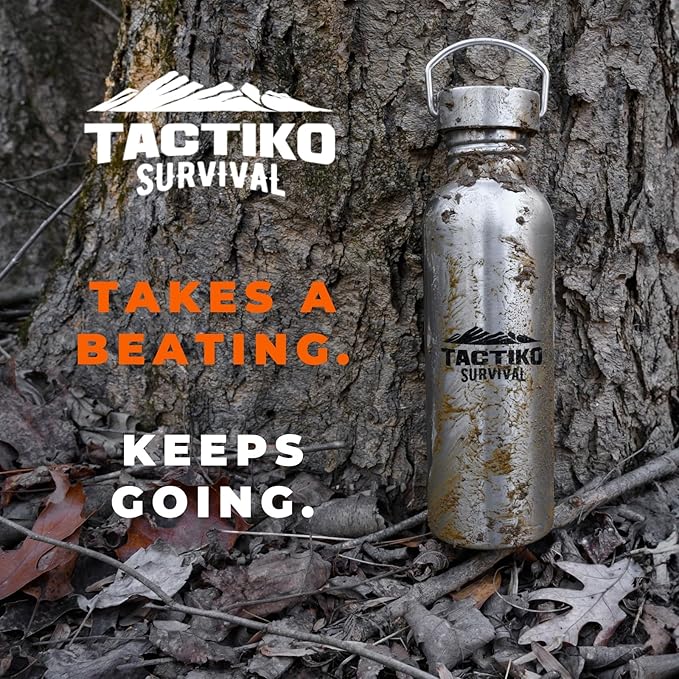 Tactiko Survival Stainless Steel Wide Mouth Water Bottle, Single Wall Boil-Safe, Leakproof, BPA-Free with Carry Sleeve and Strap for Camping, Hiking, Outdoor Prep (Black, 25 oz / 750 ml)