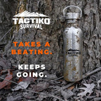 Tactiko Survival Stainless Steel Wide Mouth Water Bottle, Single Wall Boil-Safe, Leakproof, BPA-Free with Carry Sleeve and Strap for Camping, Hiking, Outdoor Prep (Black, 25 oz / 750 ml)